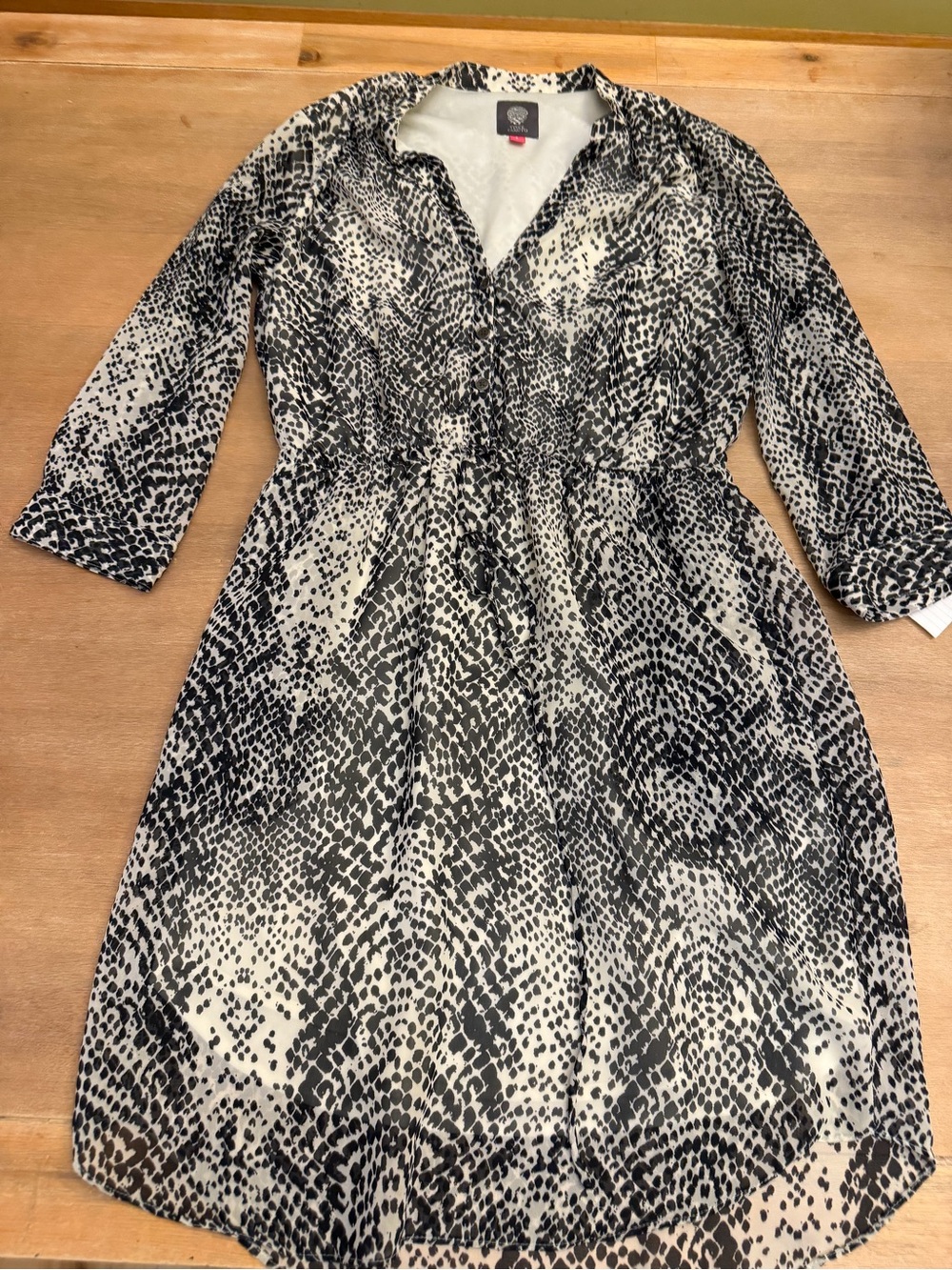 Vince Camuto Black and White Printed Long Sleeve Shirt Dress